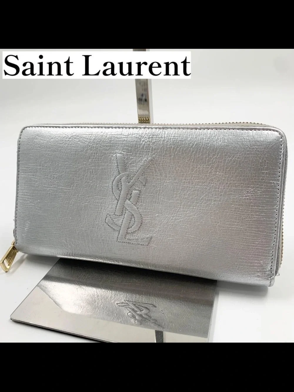 Saint Laurent Metallic Silver Leather Zip Wallet